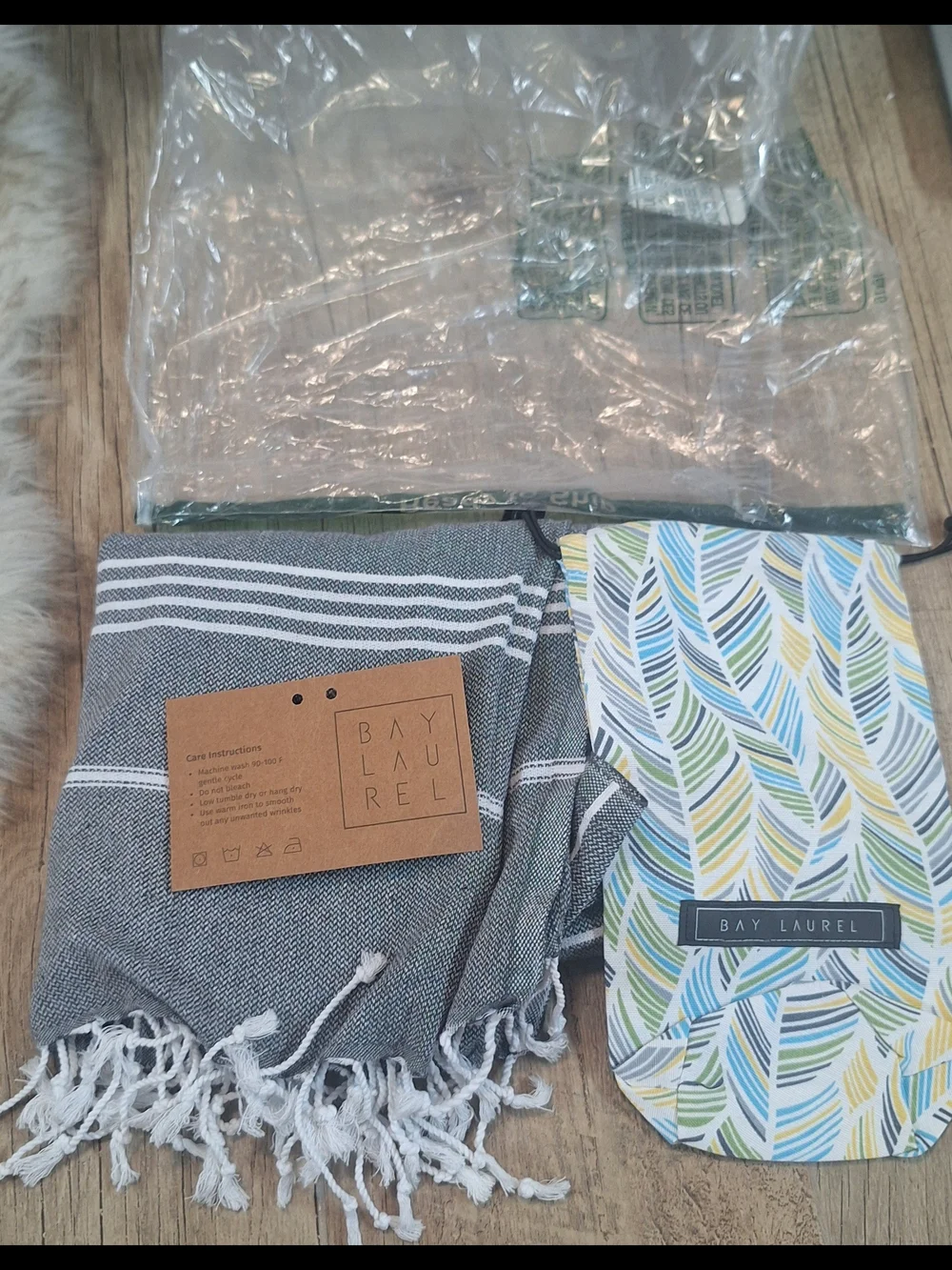 Bay Laurel Turkish Beach Towel With Travel Bag Gray White Striped Made in Turkey